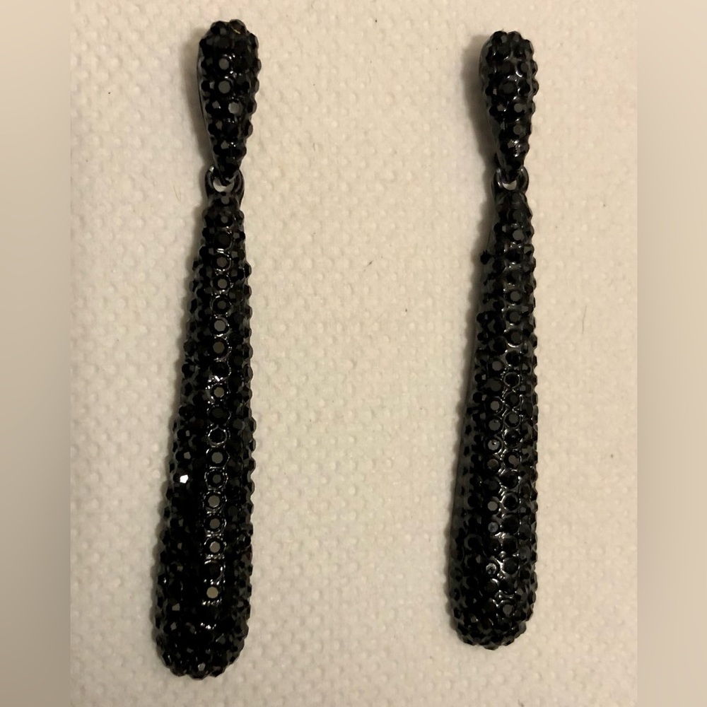Jet Black Teardrop Dangle Stud Earrings w/ black rhinestone detail